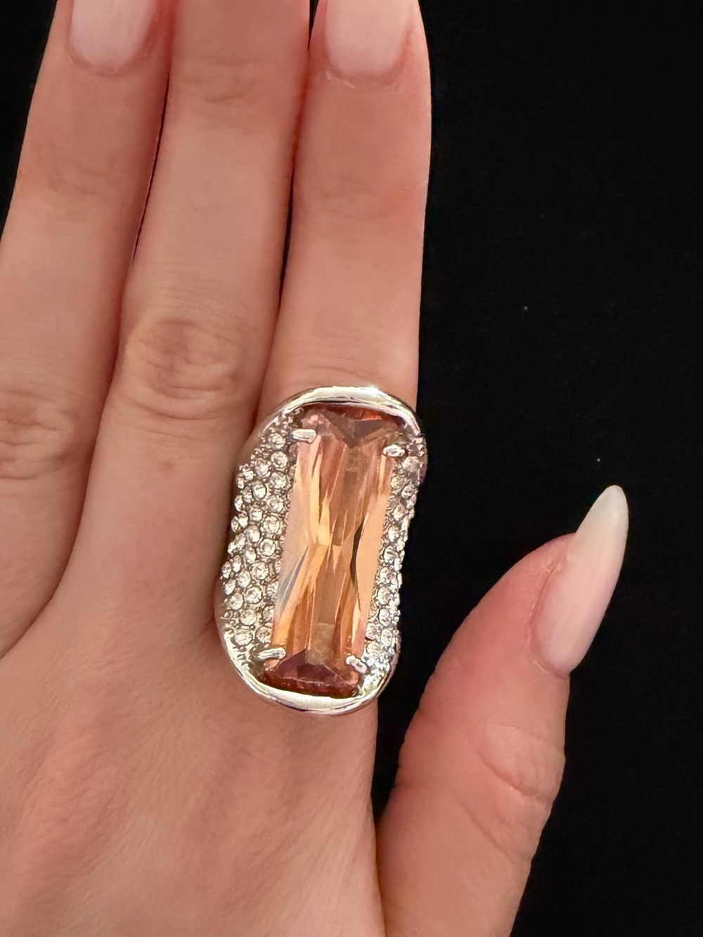 Fashion Jewelry Peach Crystal & Pavé Silver Cocktail Ring